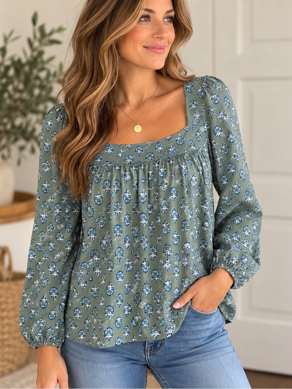 Lucky Brand Light Green Square Neck Floral Peasant Tunic